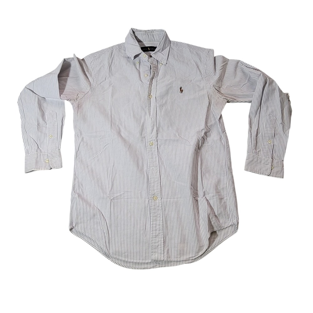 Ralph Lauren Mens Small Striped Button Down Shirt Blue White Long Sleeve Cotton